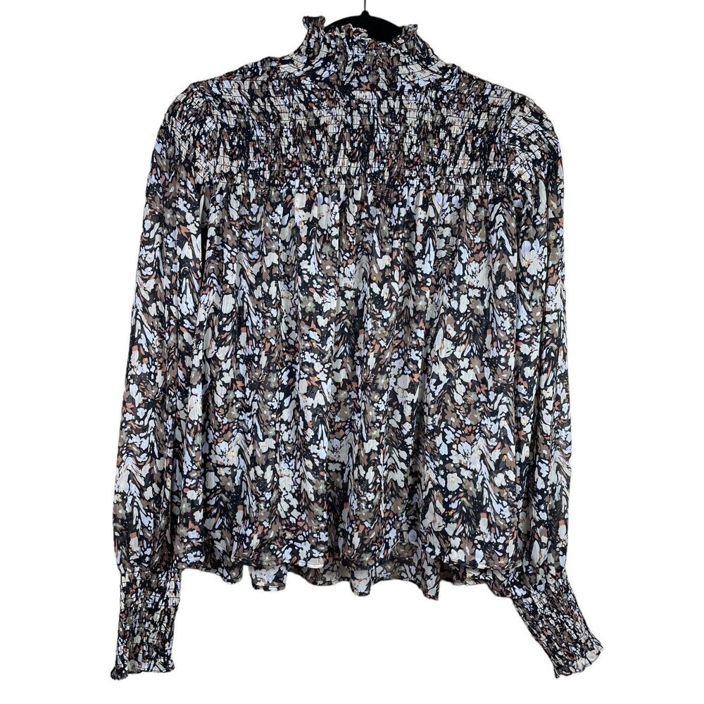 House of Harlow 1960 Blouse Women's Medium Chiffon Mock Neck Long Sleeve Smocked